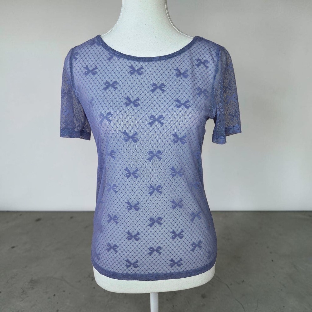 Anthropologie Sheer Mesh Bow Print Top Lavender Purple Short Sleeve Small